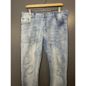 M. SOCIETY Jeans Mens 36x32 Light Wash Distressed Ripped Stretch Slim Tapered